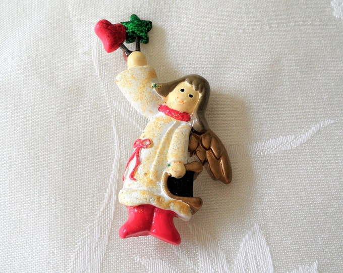 Vintage Christmas Plastic Glitter Angel Brooch Pin