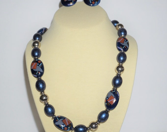 Signed Japan Blue/Silver Tone Chunky Beads Necklace Clip Earrings Set