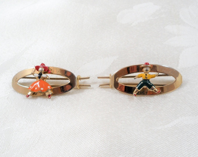 Vintage Hair Pin Barrette Boy & Girl Enamel Decorated Set Of 2