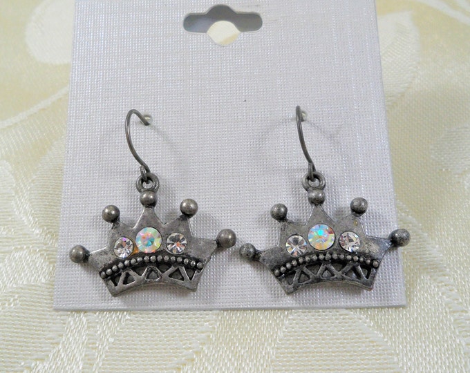 Vintage Pewter Clear AB Crystals Rhinestones Crown Dangle Earrings