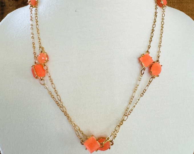 Gold Tone Coral Color Beaded Necklace Signed C Lon Necklace