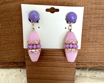 Signed Hong Kong Purple Gold Tone Clip On Earrings