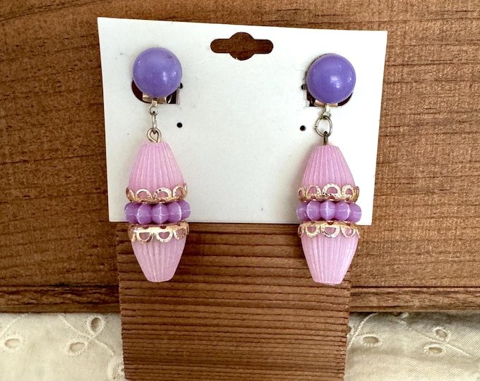 Signed Hong Kong Purple Gold Tone Clip On Earrings