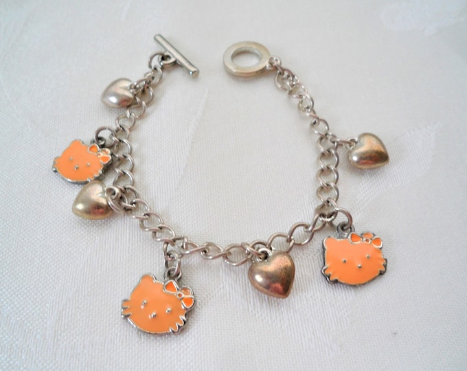 Cute Kitty Cat Orange Enamel Silver Tone Heart Charms Small Bracelet
