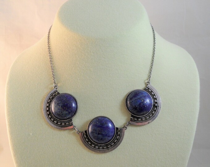 Vintage Silver Tone Blue Choker Necklace