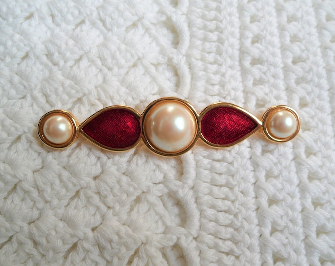 Monet Brooch Art Deco Long Pin Red With Faux Pearls
