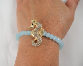 Kirks Folly Gold Tone & Clear Crystals Sea Horse Teal Beads Strecthable Bracelet