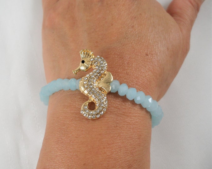 Kirks Folly Gold Tone & Clear Crystals Sea Horse Teal Beads Strecthable Bracelet