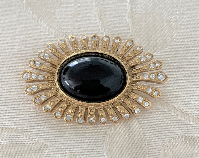 Sparkling Clear Rhinestones Black Stone Gold Tone Brooch