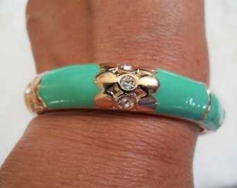 Vintage Enameled Green Teal Clear Crystals Gold Tone Bangle Cuff Bracelet