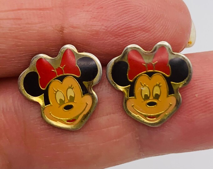 Vintage Minnie Mouse Enamel Glazed Disney Earrings, Mickey Mouse Stud Earrings