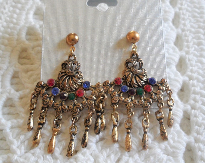 Gorgeous Multi Color Rhinestones Chandelier Gold Tone Earrings