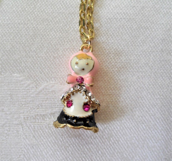 Lovely Enamel Rhinestones Vintage Doll Pendant Ne… - image 7