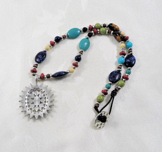 Signed Chaps Multi Color Beaded Pendant Necklace - image 8