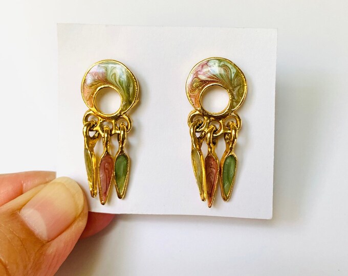 Gold Tone Pastel Colors Swirl Enameled Chandelier Earrings