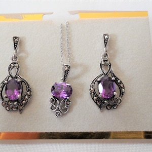 Vintage Sterling Silver Amethyst and Marcasite Necklace Earrings Set