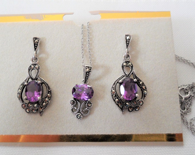 Vintage Sterling Silver Amethyst and Marcasite Necklace Earrings Set