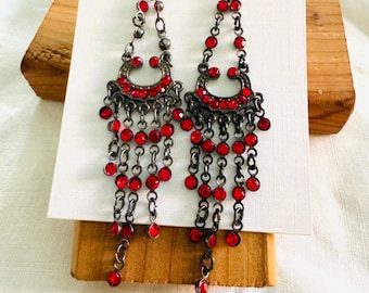 Vintage Red Rhinestones Chandelier Earrings