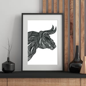 Bull Wall Art Original Drawing Art Prints, Powerful Animal Art, Bull and Bear Decor and Wall Hangings, Bull Art Print Gifts, Animal Poster