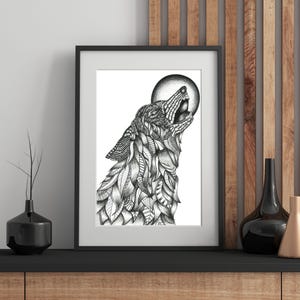 Original Wolf Wall Art Drawings, Pen and Ink Powerful Animal Wall Hangings, Handmade Wolf Art Prints and Home Decor, Wolf and Bear Art Decor