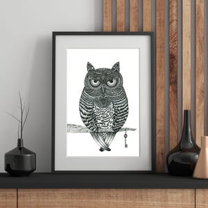 Black and White Owl Drawing, Original Handmade Art Prints, Owl Wall Art Decor for Nursery and Kids Room, Owl + Animal Wall Hanging Gifts