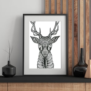 Original Deer Wall Art Print, Powerful Wildlife Animal Wall Hangings. Black and White Deer Drawing Art Prints, Spiritual Animal Line Art