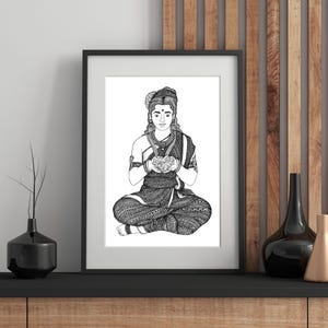 Hindu Goddess Parvati Original Hand Drawing Wall Art Print, Hindu Deiti Wall Hanging and Indian Decor, Spiritual Wall Art For Home + Office