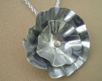 Silver Floral Print Stacked Flower - Upcycled Tin Necklace