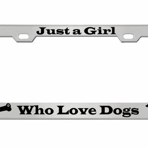 Marco de matrícula de metal personalizado con el logo de Just a Girl Who Loves Dogs. Accesorio para coche. Funda para portaetiquetas.