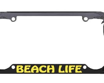 Moldura de placa de metal resistente com palmeira e tema "Vida na Praia"