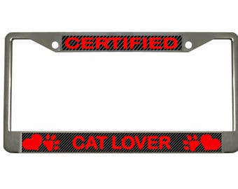 Cornice per targa Cat Lover: targhetta per auto in metallo in stile fibra di carbonio
