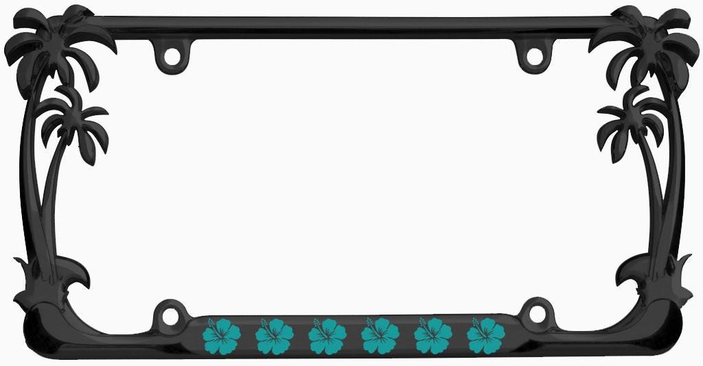 Hibiscus Flower License Plate Frame - Stainless Steel, Plumeria & Palm Leaf Design, Fits US/CA Plates