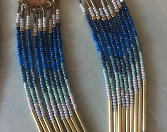 Ombré fringe earrings/Blue -gold