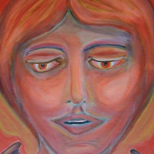 May include: A painting of a person's face with red hair and closed eyes. The person's lips are slightly parted and their face is painted in shades of orange, pink, and purple.