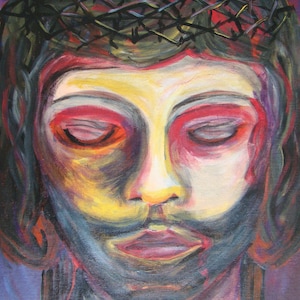 Puede incluir: Una pintura de un rostro con una corona de espinas. Los ojos de la persona están cerrados y su expresión es de dolor. La pintura está realizada en un estilo que recuerda al expresionismo, con trazos audaces y colores vibrantes.