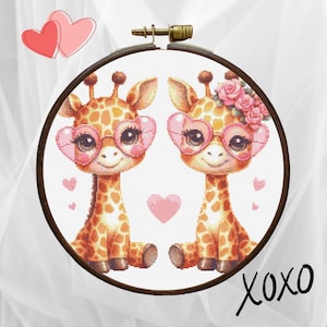 Giraffes in Love with Pink Glasses - Valentine&#39;s Day Cross Stitch - Cross Stitch Pattern PDF - Valentine&#39;s Cross Stitch pattern PDF