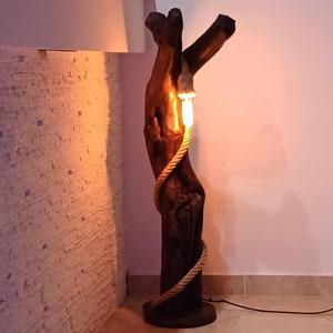 Handmade Olive Wood Floor Lamp: Rustic Tree Trunk Sculpture Lamp