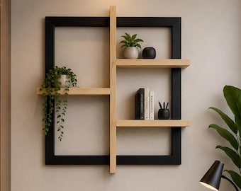 May include: A wall-mounted shelving unit featuring a black square frame intersected by a vertical light wood beam. Three light wood shelves are attached to the frame, holding small potted green plants, books, and a black decorative object.