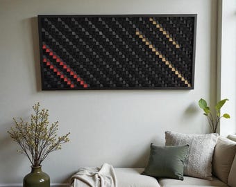 Geometrische houten muurkunst: modern mozaïekpaneel, zwart, rood, goud
