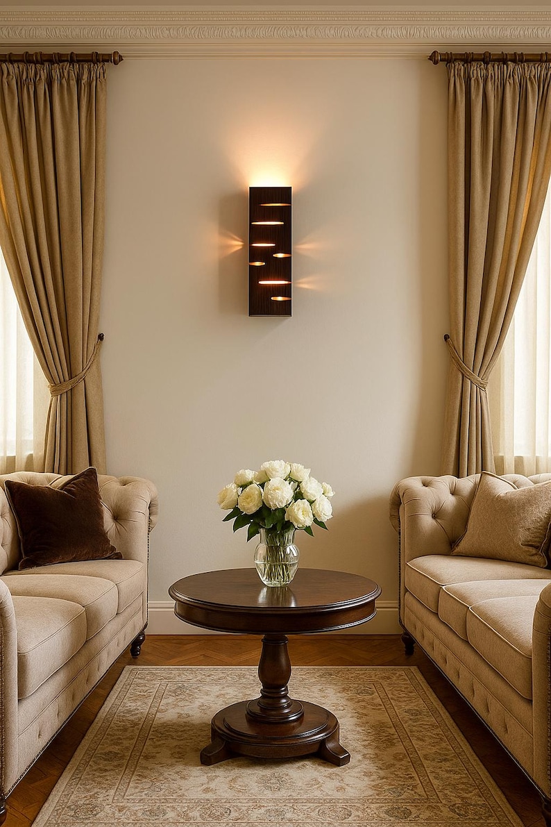 A vertical rectangular wooden wall sconce with warm LED light shining through carved horizontal openings. The wood has a natural grain and rustic brown finish. The style is minimalist, cozy, and modern, suitable for hallway, living room, or bedroom wall lighting.