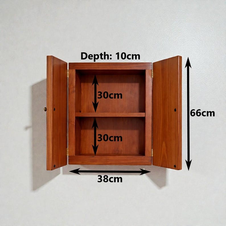 Wall mounted solid wood bathroom cabinet with marine plywood doors and interior shelves for toiletries in modern farmhouse bathroom