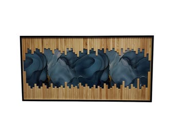 Blauwe mozaïek houten muurkunst: modern rustiek huisdecor (23,6 x 47,2 inch)