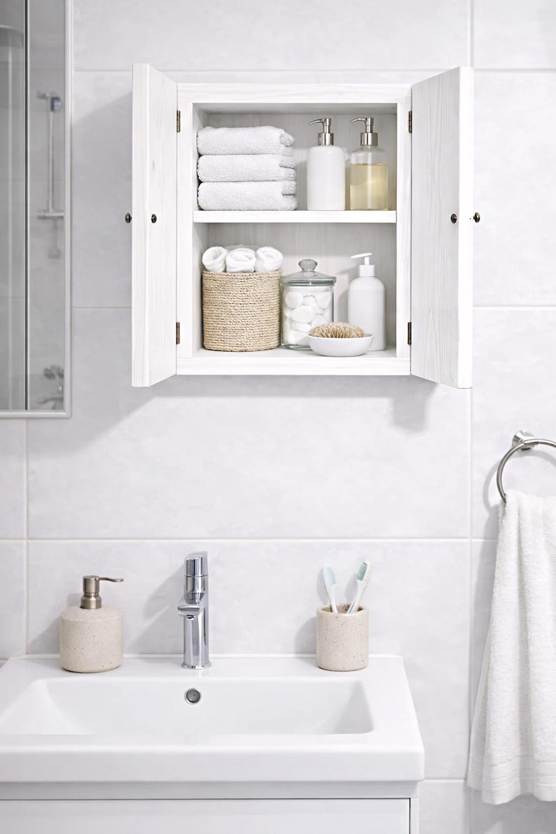 Wall mounted solid wood bathroom cabinet with marine plywood doors and interior shelves for toiletries in modern farmhouse bathroom