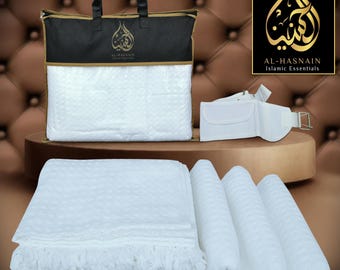 Ensemble Ihram en coton blanc pour homme : Hajj et Omra avec ceinture et sac