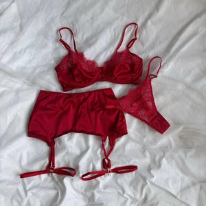 Red Silk Lingerie Set with Belt & Garters. Luxury lingerie. Anniversary gift for her. Elegant lingerie set.