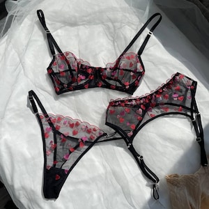 Heart print lace and mesh lingerie set with belt. Luxury lingerie. Anniversary gift for her.