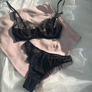 Sheer Black lace set with mesh polka dots with brazilians. Luxury lingerie. Anniversary gift for her. Elegant Boudoir Lingerie. Romantic set