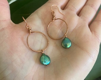 Green Freshwater Pearl and Hammered Copper Earrings