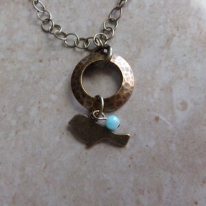 Hammered Brass Circle Bird Charm Necklace with Amazonite image 3