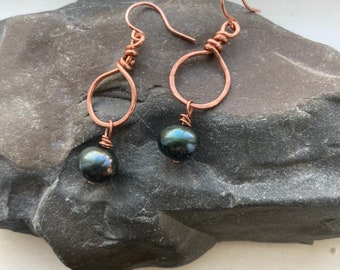 Hammered Copper Freshwater Pearl Earrings